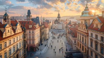 A high vantage point captures the intricate layout of a historic city, with cobblestone streets and well-preserved buildings. The blend of old-world charm and modern elements creates a unique urban