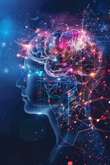 Human head and brain illustrating deep learning, machine learning, artificial intelligence, and the concept of thinking