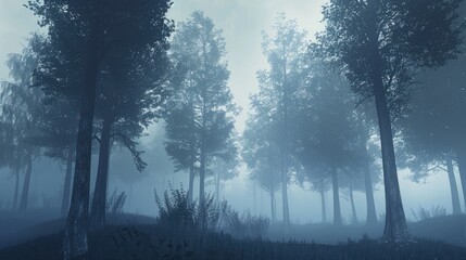 Fototapeta premium Misty morning in a tranquil forest with rays of sunlight filtering through the dense canopy of lush green trees