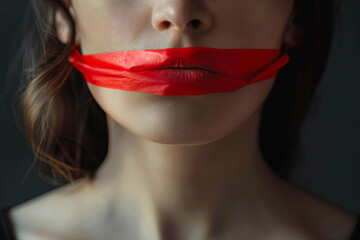 Concept of freedom of speech and censorship: a girl's mouth sealed with red paper, symbolizing Human Rights Day