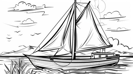 Coloring pages for kids, small sailboat, cartoon style, thick lines, low detail, black and white, no shading.