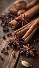 A close-up of assorted tea spices including cinnamon sticks, star anise, cloves, and cardamom pods on a rustic wooden background. Generative AI