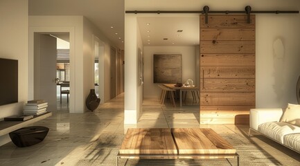 Modern home interior with a wooden sliding door.