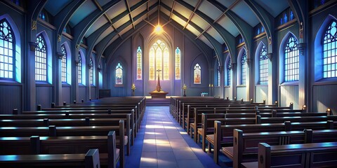 Obraz premium Empty church interior with rows of pews and stained glass windows, empty, church, interior, pews, stained glass, architectural, religion, spiritual, serene, peaceful, quiet, place of worship