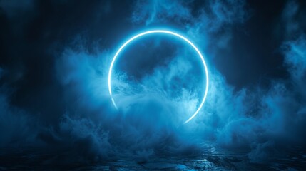 Sci-fi neon circle with a blue glow, classic shape, immersed in cloud fog and steam, vibrant light, raw style, futuristic feel