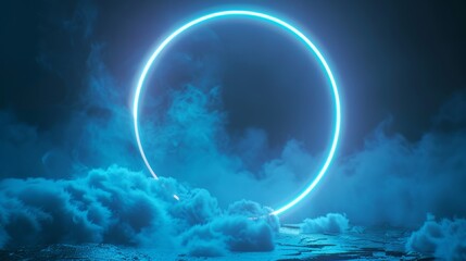 Sci-fi neon circle with a blue glow, classic shape, immersed in cloud fog and steam, vibrant light, raw style, futuristic feel