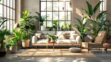 Sunny modern living room with plants