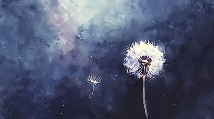 Fototapeta premium Serene watercolor of a dandelion in full bloom on a dark, contrasting background, highlighting its delicate seeds. Great for artistic banners and copyspace images