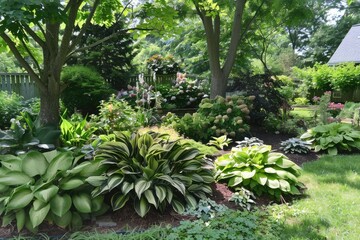 A meticulously maintained garden showcasing a variety of lush green foliage and vibrant flowers under the shade of trees