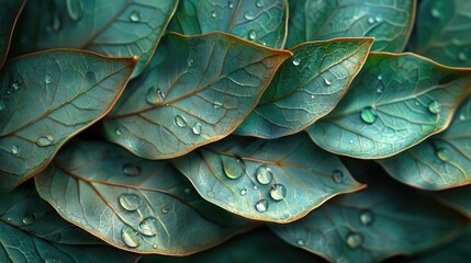 Fototapeta premium lush, dew leaves, showcasing intricate details and freshness of the natural texture