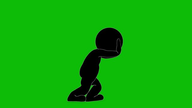 Silhouette of an outlined stick figure pushing on green screen side view. Stick man silhouette seamless loop 3D animation. You can easily remove the green screen with just one click.