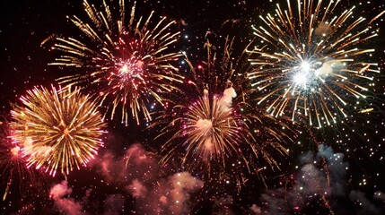 Vividly colorful sparkling firework display on a night sky backdrop for celebratory occasions.