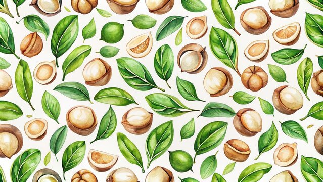 Watercolor hand drawn macadamia nuts and green leaves seamless pattern on white background for fabric, textile, wrapping paper, and scrapbooking, macadamia nuts, green leaves, watercolor