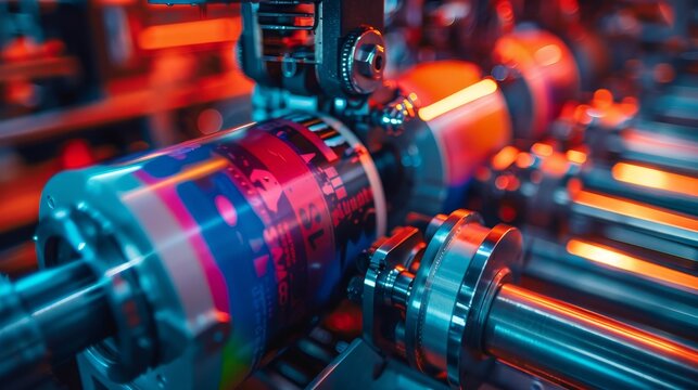 Vibrant label printing machinery rollers and ink, close-up, factory light, clear focus
