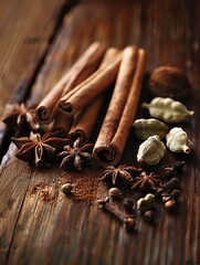 A close-up shot of cinnamon sticks, cardamom pods, cloves, and star anise arranged on a rustic wooden surface. Generative AI