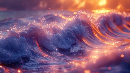 Dreamy ocean scene at sunset with vibrant pink and purple clouds, and splashing waves, creating a serene and surreal atmosphere