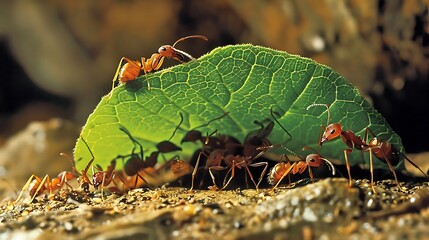 Ants help biting green leaf to build nest
