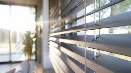 Smart blind automation, remote control detail, customizable light preferences, dawn-lit interior.