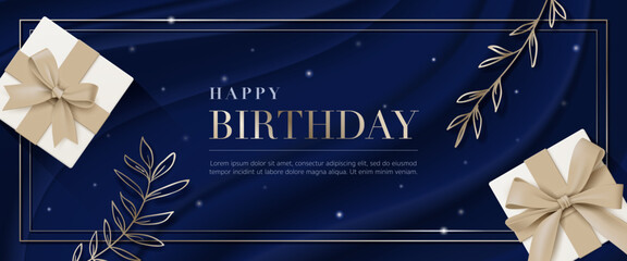 Happy birthday greeting card banner template, Luxury gold Leaves and gift box on blue wave fabric background for invitation luxury modern party event poster, celebration card, advertising. Vector