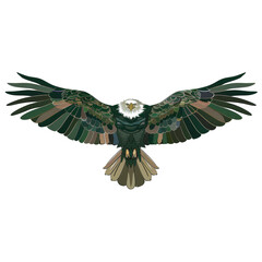 Flat Illustration of a Bald Eagle Flying with Wide-Spread Wings on White Backdrop