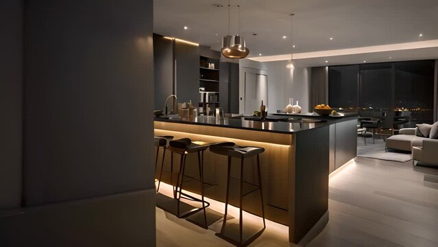 Modern Kitchen Island With Bar Stools at Night Generative AI