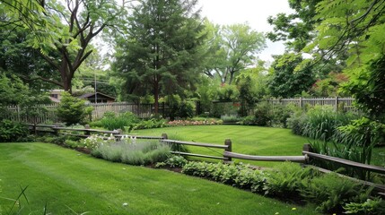 Fence encircles a yard rich with greenery, creating a peaceful outdoor haven