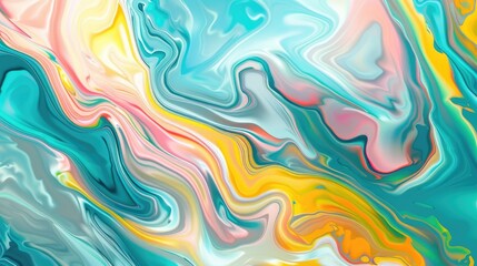 Vibrant abstract fluid art painting with blue, yellow, and pink swirling patterns, creating a dynamic and colorful visual experience.