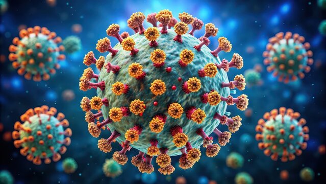 Microscopic image of H5N1 avian influenza virus showcasing the intricate details and importance of understanding and combating infectious diseases , virus, avian, influenza, H5N1, microscopic