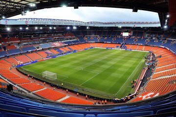 Fototapeta premium Wide angle photo of the interior view stadium football top corner of stands with empty seats,