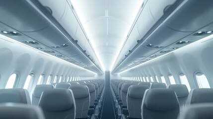 Fototapeta premium Cabin aisle where airplane passengers seat is empty without people. Public transportation background.