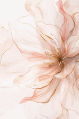 Abstract peach flower and gold foil fluid art. Modern liquid marble design for creative backgrounds and wallpapers. Image for use in interior design with copy space.