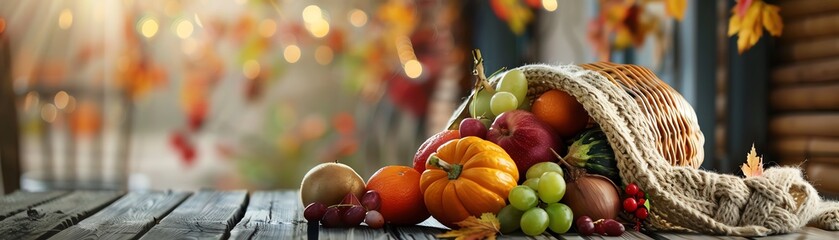 Autumn harvest cornucopia with pumpkins, fruits, and vegetables on a wooden table with colorful...