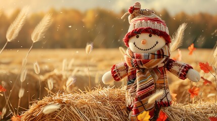 Cheerful scarecrow in autumn field with hay and falling leaves, glowing in the warm sunset light, capturing the essence of fall season.