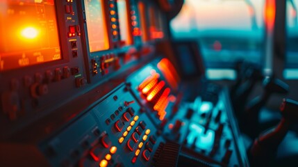 Obraz premium Emergency phone in air traffic control room, macro detail, soft dawn illumination