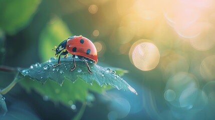 Obraz premium Beautiful Ladybug Resting on Leaf, Natural Macro Shot with Soft Focus Background