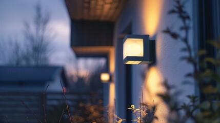 Close-up floodlight with motion sensor illuminates home facade at dusk, enhancing safety.