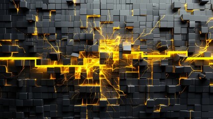 Obraz premium Abstract digital pixel design with yellow and black lightning bolt element on a 3D wall concept.
