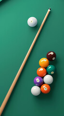 billiard table with balls and cue, generative ai