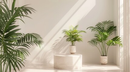 Podium or stage pedestal platform for product. Beige background for product presentation with shadow of tropical palm leaves and light. Empty round podium