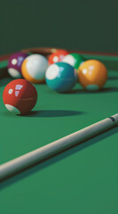 billiard table with balls and cue, generative ai