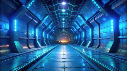 Obraz premium Futuristic cyber tunnel in a sci-fi blue space , VJ, tunnel, cyber, space, SF, futuristic, blue, technology, digital, abstract, neon, illuminated, immersive, artificial intelligence