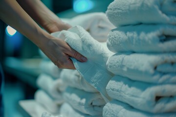 Fototapeta premium Professional housekeeper service close up of chambermaid placing fresh towels in hotel room