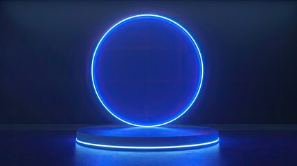 Minimalistic podium stage with a blue circular neon light, ideal for tech events and modern presentations