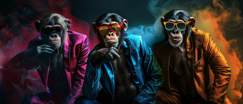3 cool monkeys in colorful suits with sunglasses against a dark background