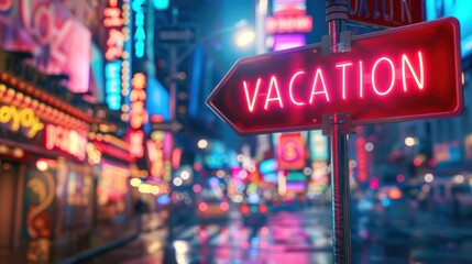 Neon sign arrow that says Vacation on the side of the road.