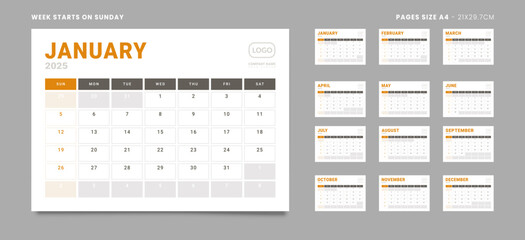 Set of 12 Pages Monthly Calendar Planner Templates on 2025 year. Vector mockup of a wall or desktop calendar with the week start on Sunday for print in grey and red color. Pages size Letter -8.5x11 in