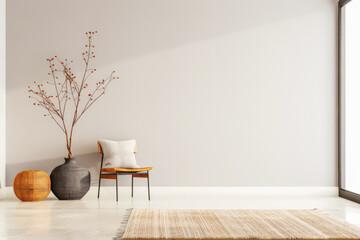 Minimalist interior design composition with zen serene elements in an apartment room filled with natural window lighting. Residential Real Estate concept image.