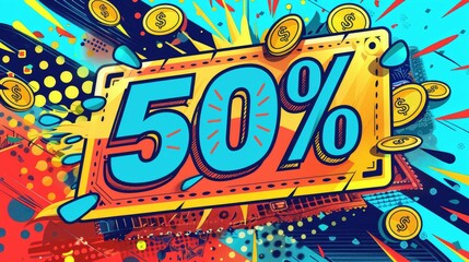 Colorful comic-style 50% discount illustration with dynamic graphics, ideal for sale promotions, advertisements, and marketing materials.