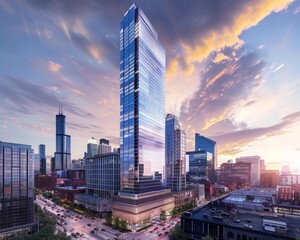 Obraz premium Urban skyline featuring a newly renovated skyscraper as a centerpiece, with modern architecture and cityscape views