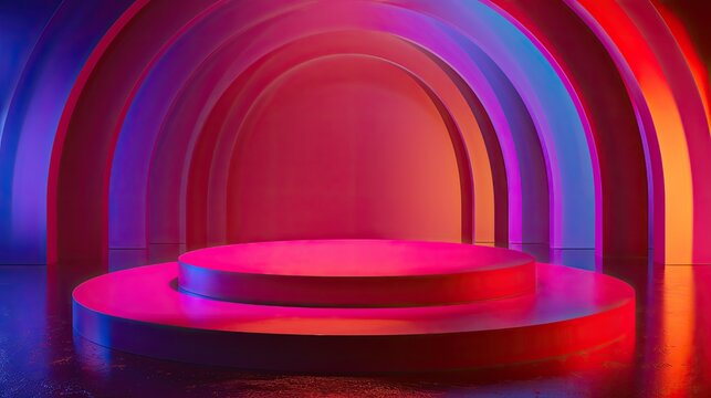 empty podium, Colorful gradient arches with podium for dynamic visual display, ideal for modern art, events, and artistic presentations